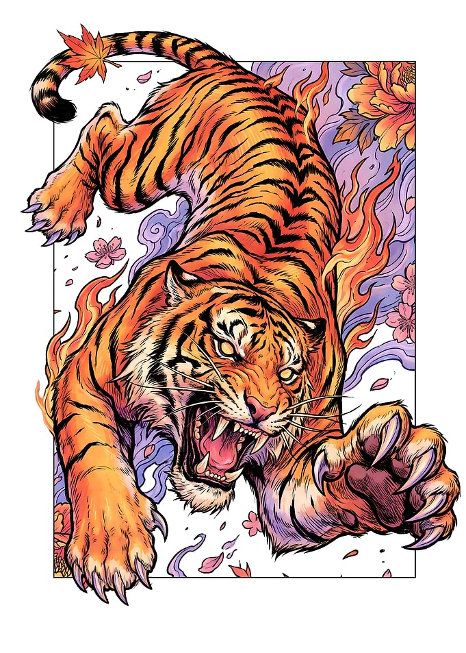 Tiger Descending Through Sakura