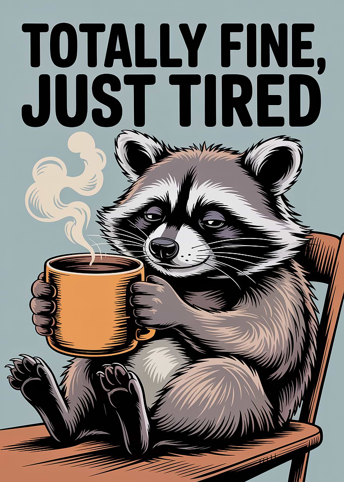 Tired Raccoon Drinking Coffee Poster
