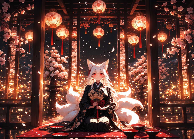 Kitsune Girl in Lantern Lit Shrine