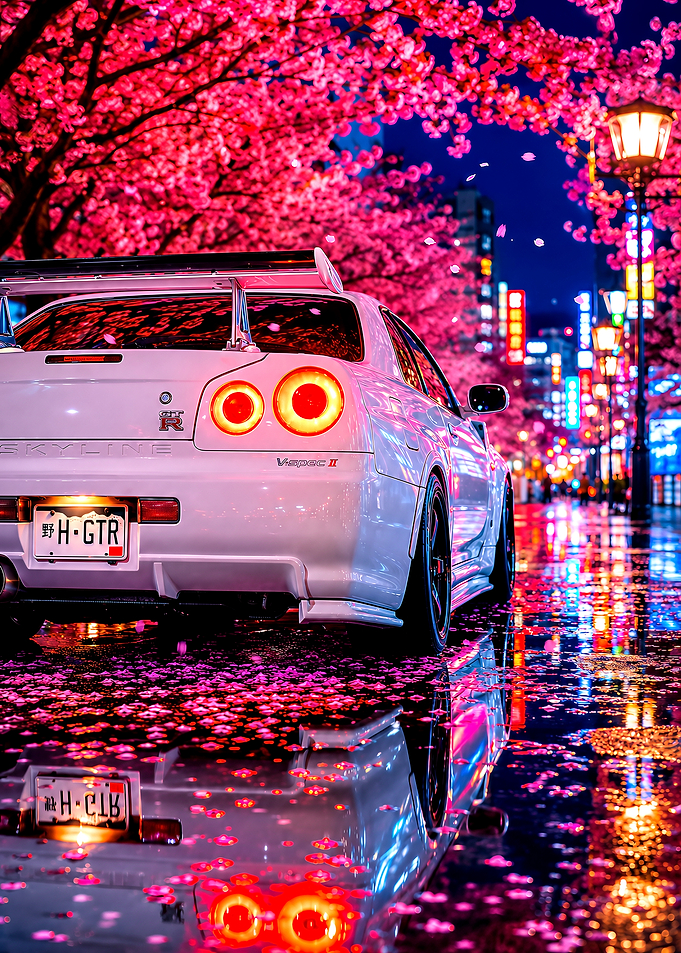 Nissan Skyline GT-R Under Cherry Blossoms