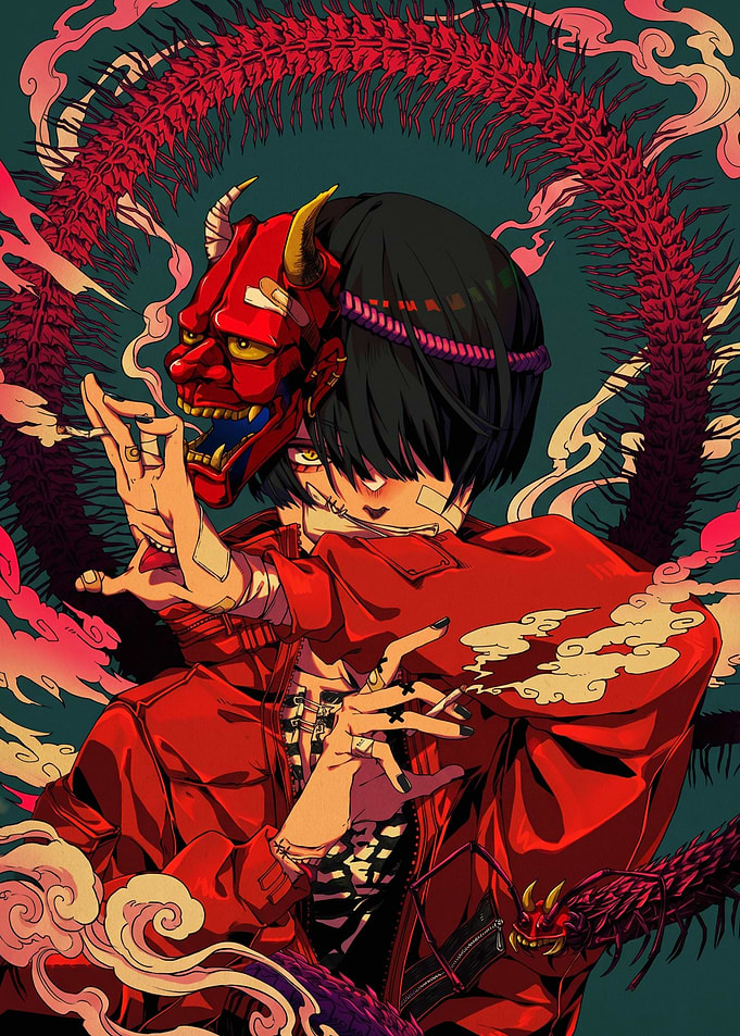 Anime Character with Oni Mask