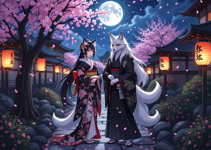 Kitsune Couple Under Cherry Blossoms