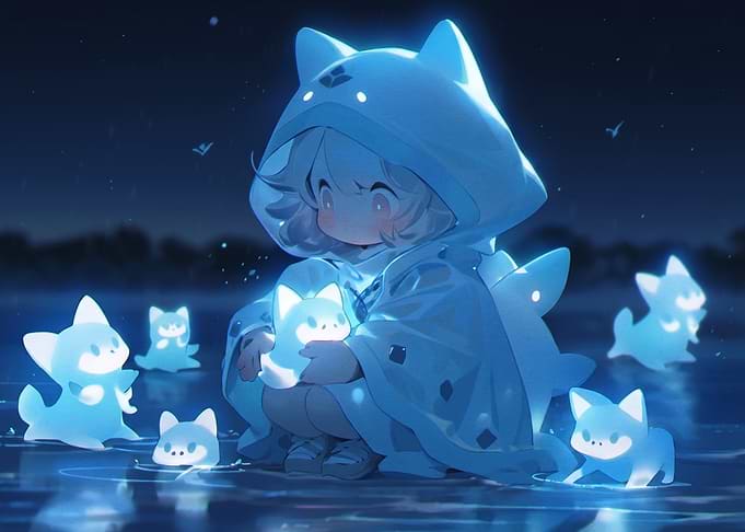 Chibi character with glowing spirit creatures