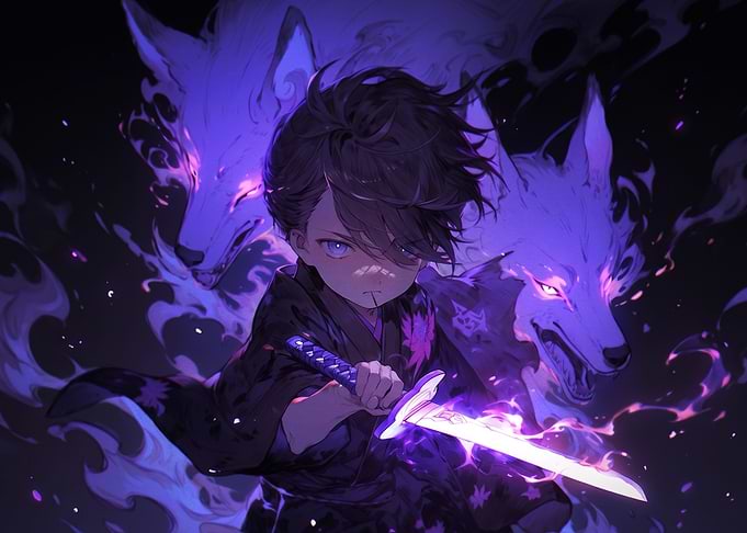 Anime Boy with Glowing Spirit Wolves