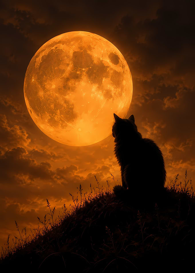 Cat Silhouetted Against Giant Orange Moon