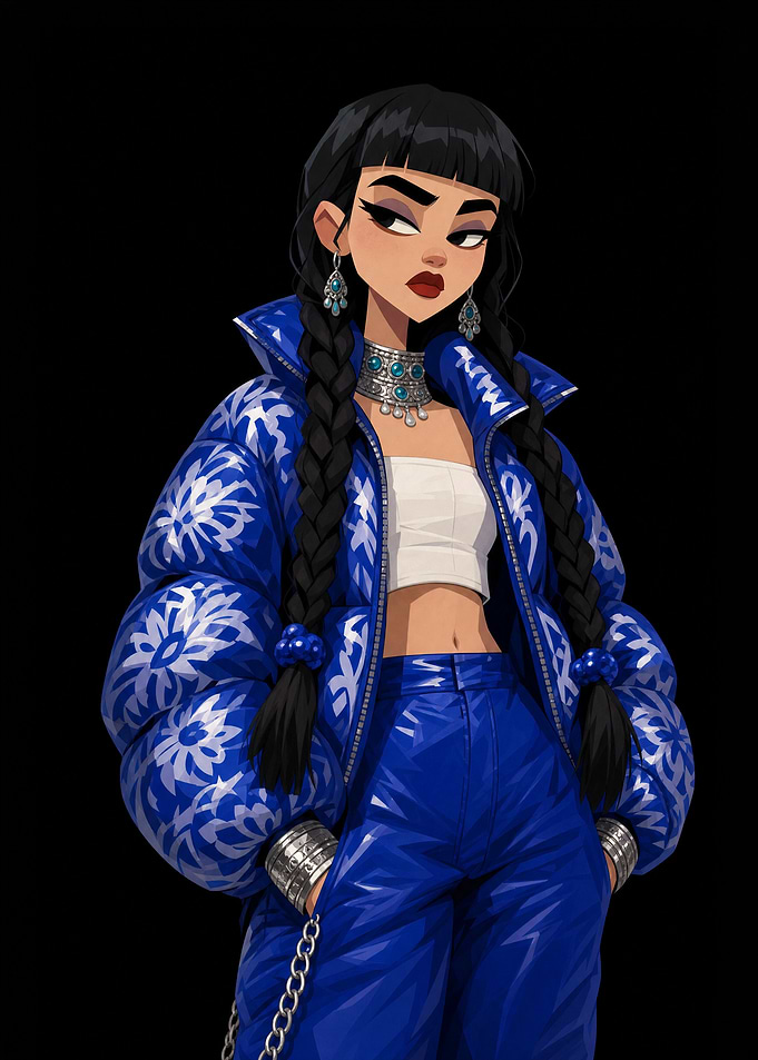 Stylish Woman in Blue Puffer Jacket