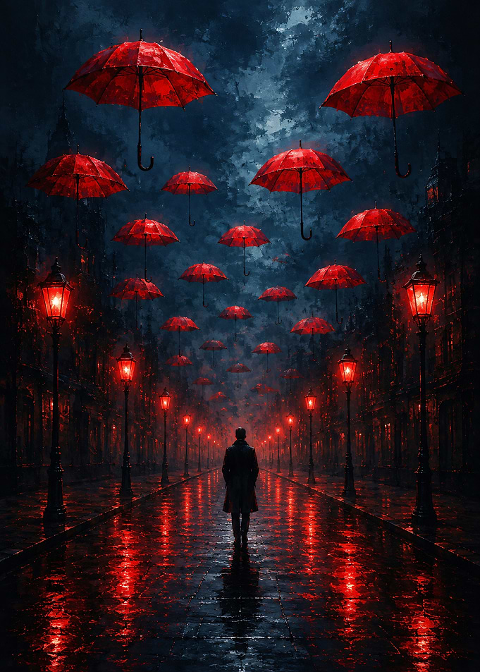 Man Walking Under Floating Red Umbrellas