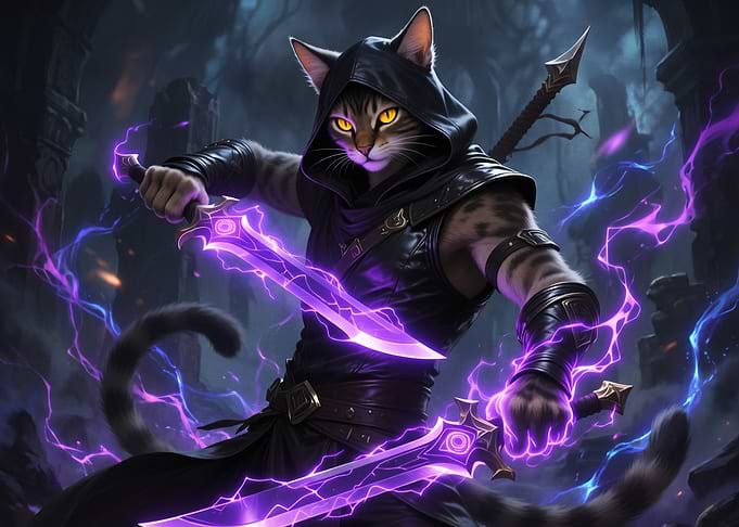 Cat Assassin with Glowing Purple Blades