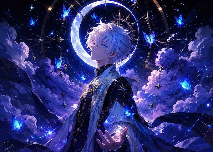 Anime Boy with Blue Butterflies
