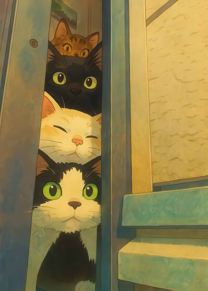 Four Cats Peeking Through Doorway