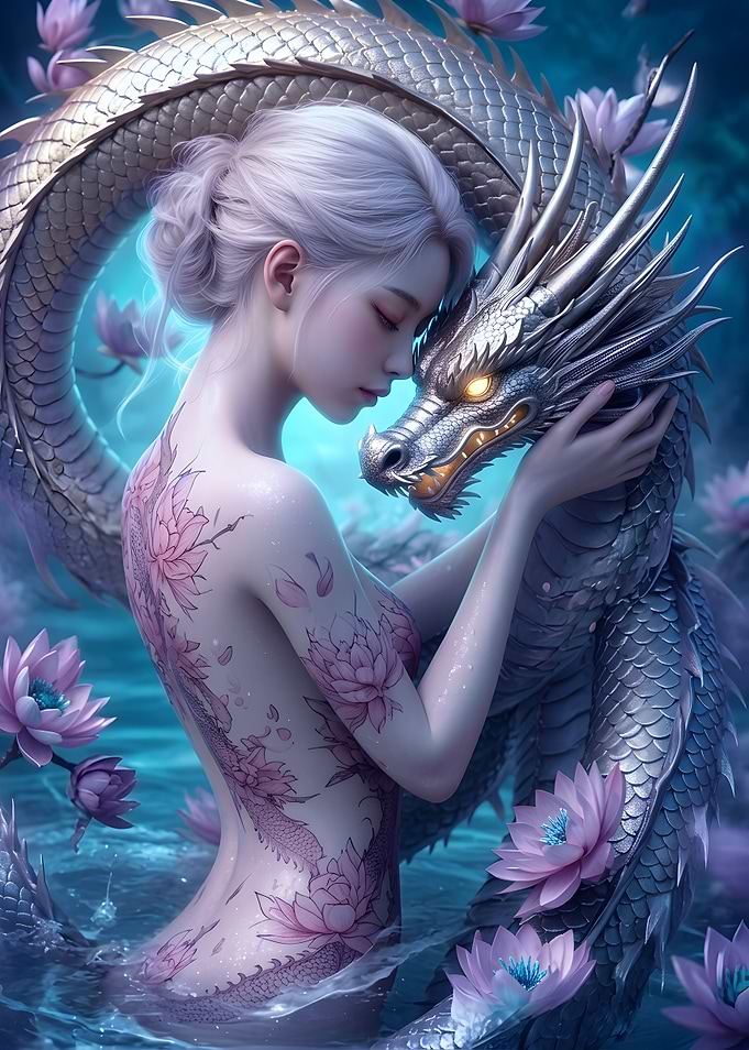 Woman Embracing a Silver Dragon