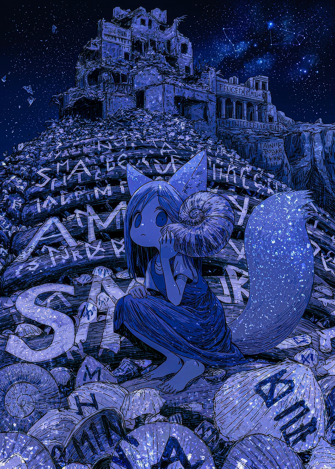 Anime Girl with Ammonite in Ruins