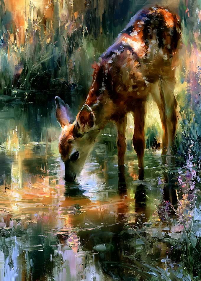 Fawn Drinking from a Forest Stream