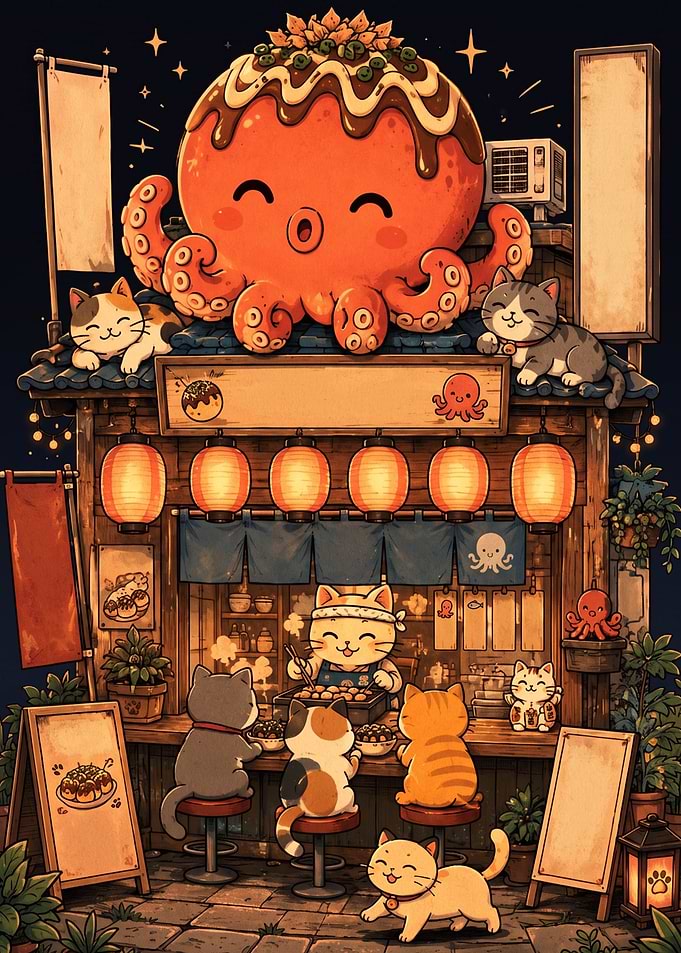 Cute Cat Takoyaki Shop Illustration
