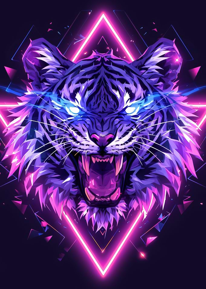 Neon Cyberpunk Tiger Head Portrait
