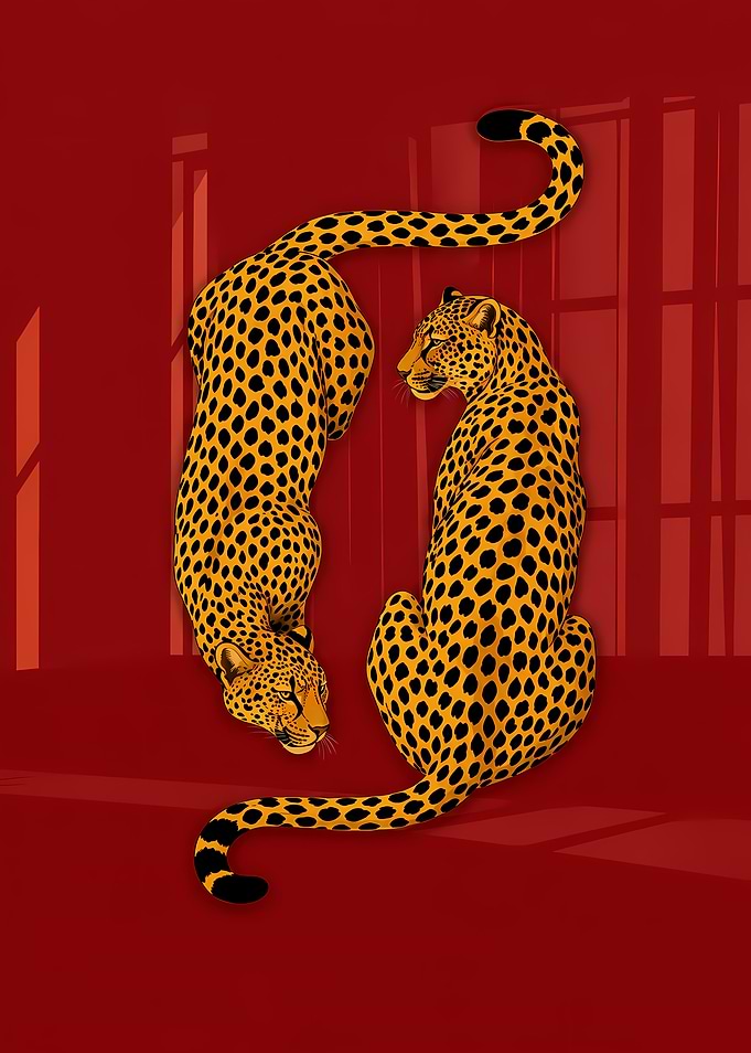 Two Leopards on Red Background