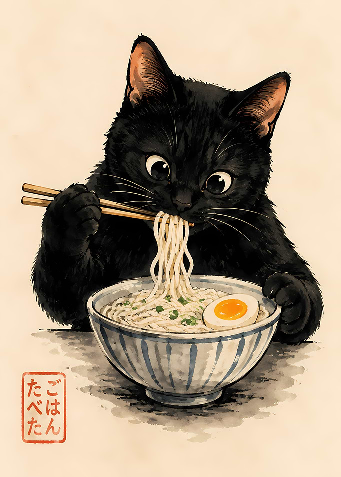 Cute Black Cat Eating Ramen