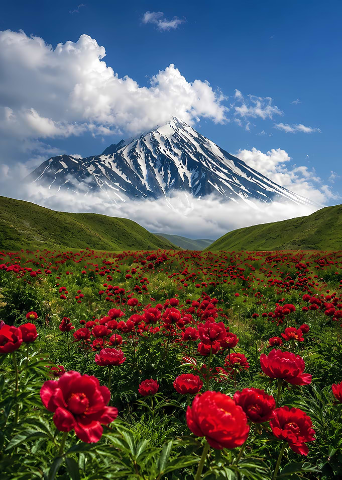 Red Peonies Before Snow-Capped Mountain