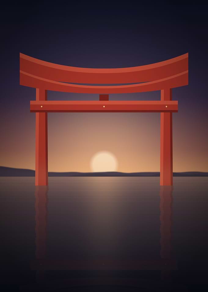 Torii Gate - Illuminated Japanese Shrine Over Calm Water at Dusk