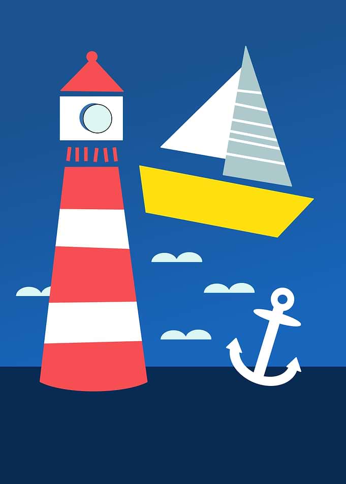 Minimalist Nautical Lighthouse and Sailboat Illustration