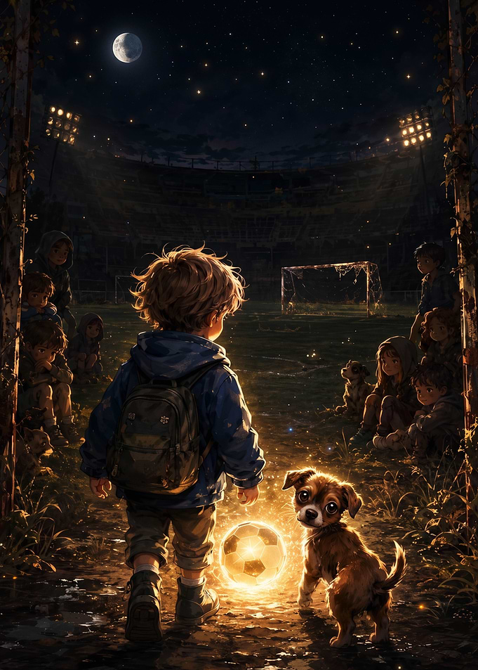 Boy and Puppy with Glowing Soccer Ball
