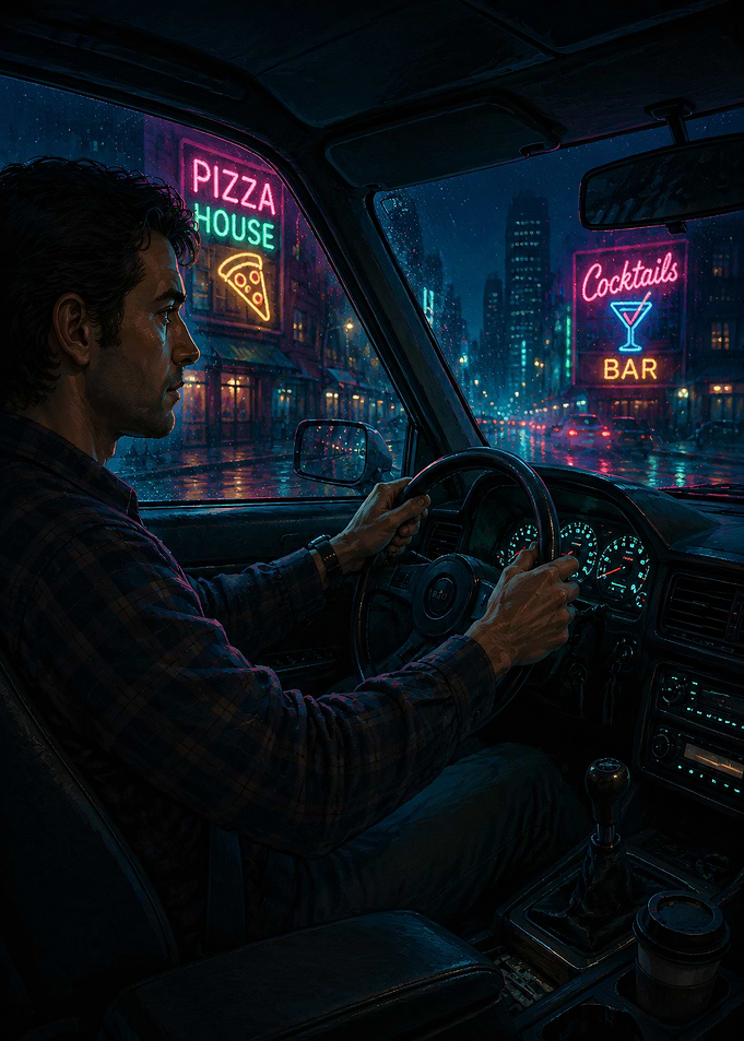 Man Driving Through Rainy Neon City