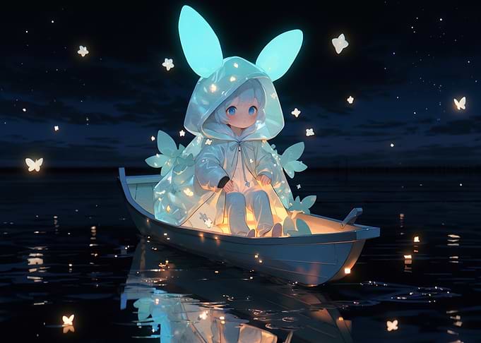 Cute anime character in glowing boat