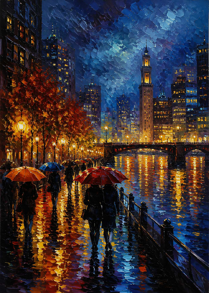 Rainy Night Cityscape Oil Painting