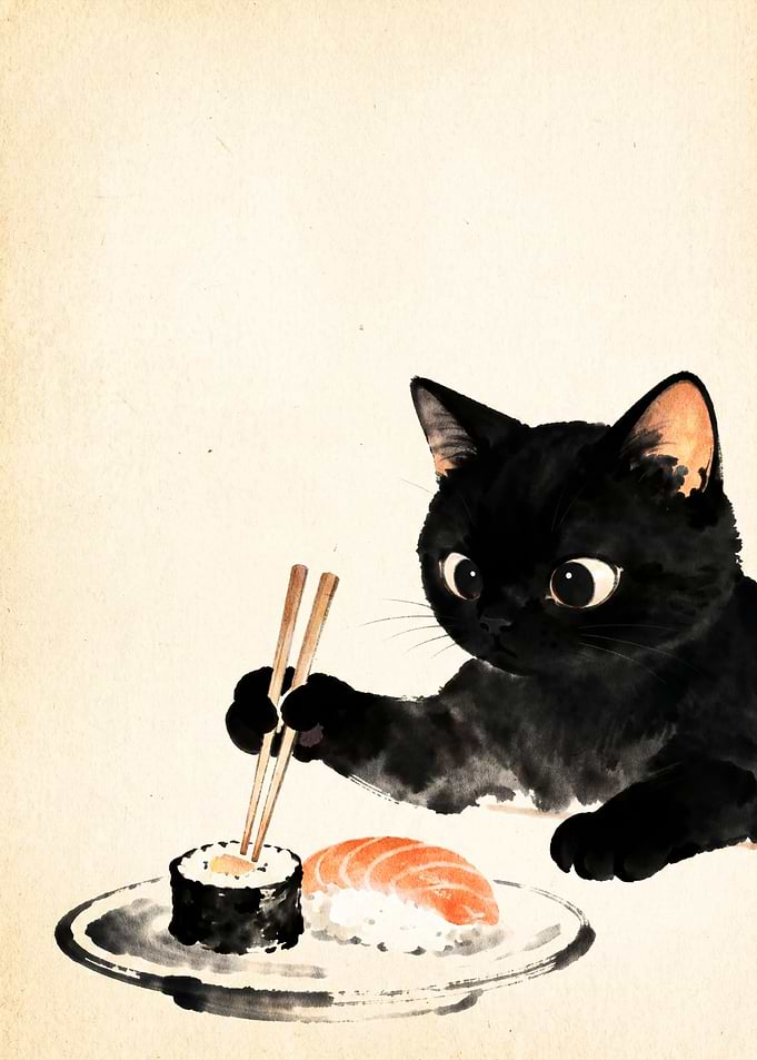 Cute Black Cat Eating Sushi