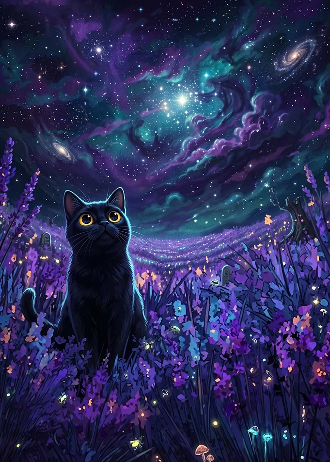 Black Cat in Cosmic Lavender Field