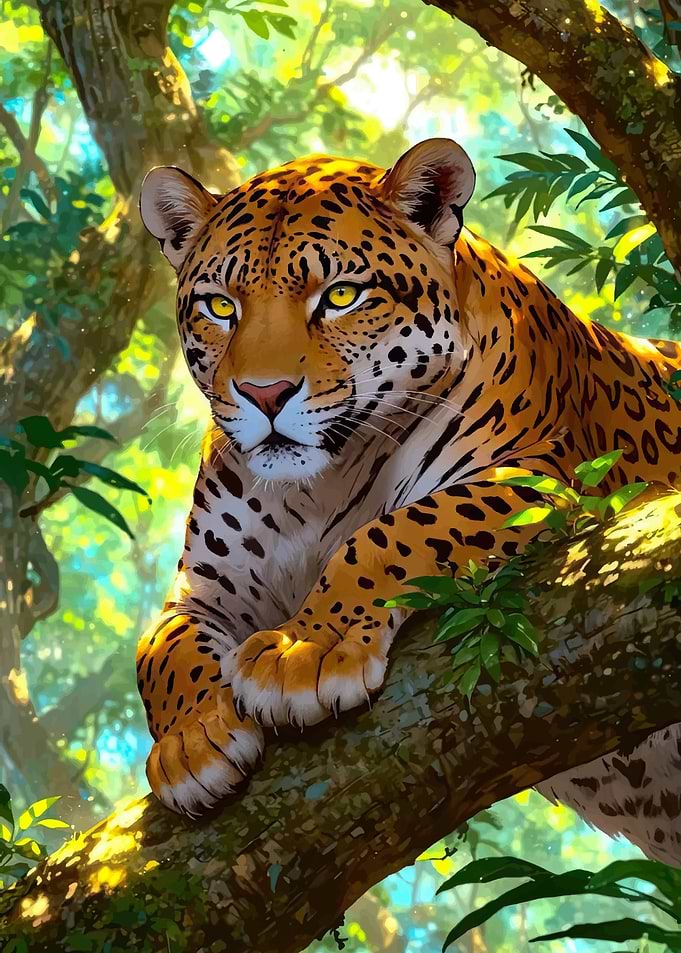 Majestic Jaguar Resting in Jungle Tree
