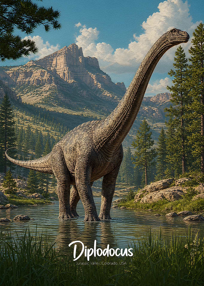 Diplodocus in Jurassic Valley Landscape