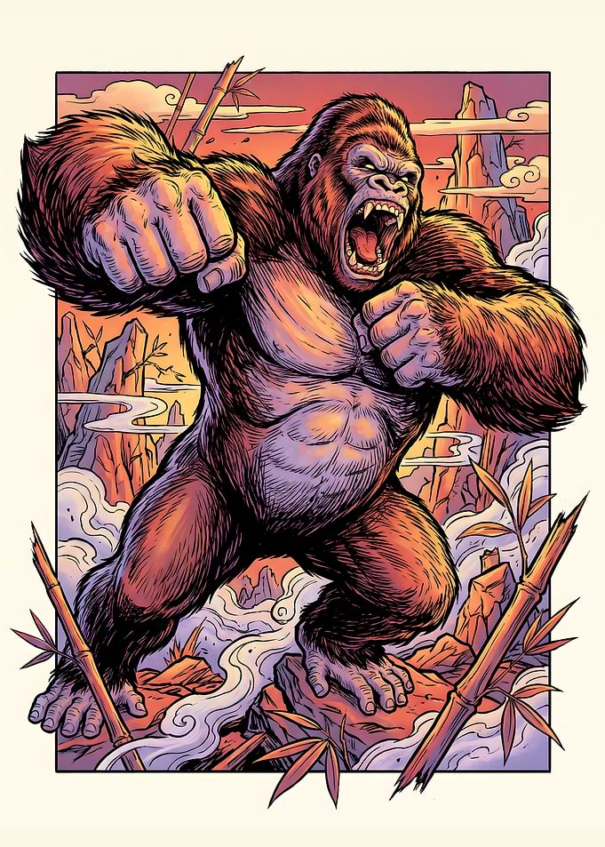 Fierce Gorilla Punching in Bamboo Forest