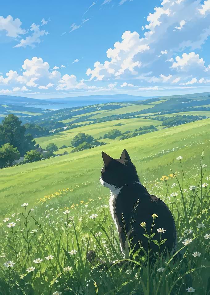 Cat Sitting in a Sunny Meadow