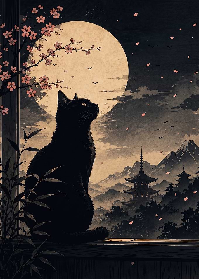 Black Cat Watching Moon Over Japan