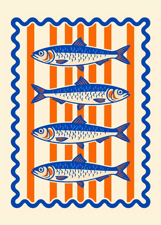 Four Sardines on Striped Background