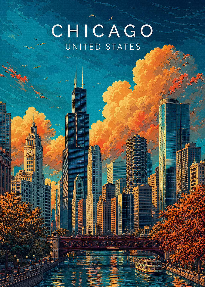 Chicago Skyline Sunset Travel Poster