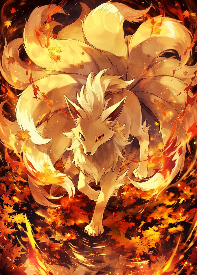 Nine-Tailed Fox in Autumn Leaves