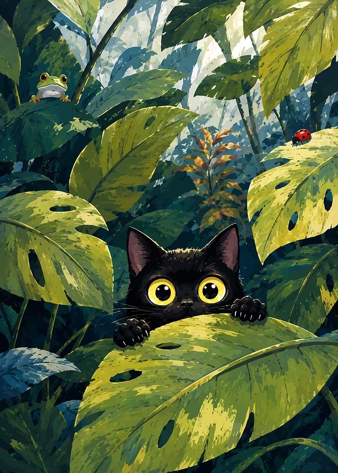 Black Cat Peeking Through Jungle Leaves