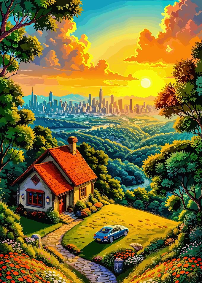 Cottage overlooking city at sunset