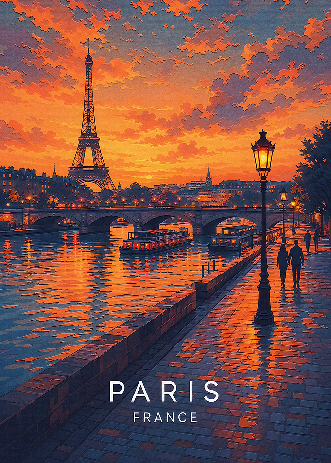 Paris Sunset Eiffel Tower Travel Poster