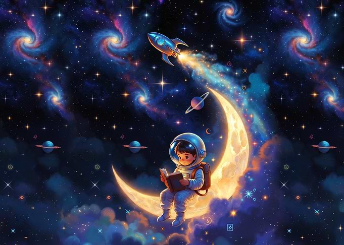 Astronaut Child Reading on Crescent Moon