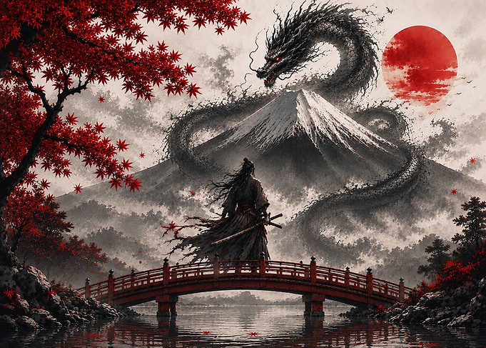 Samurai Facing Dragon at Mount Fuji