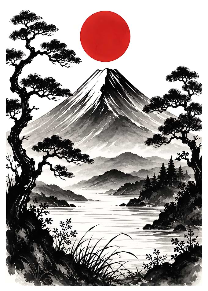 Mount Fuji with Red Sun