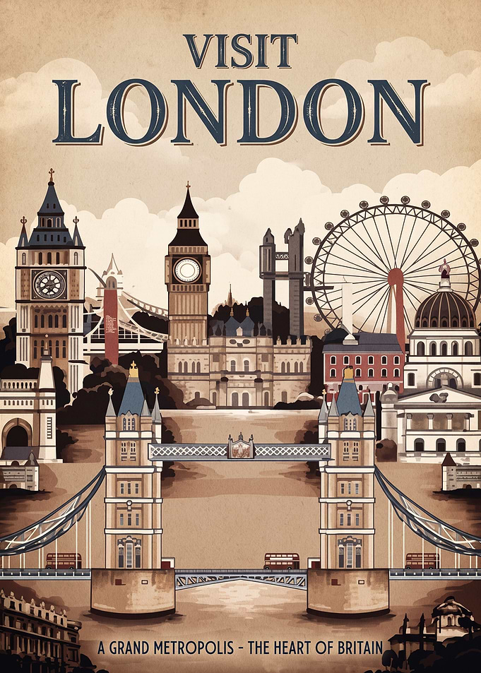 Vintage Style Visit London Travel Poster