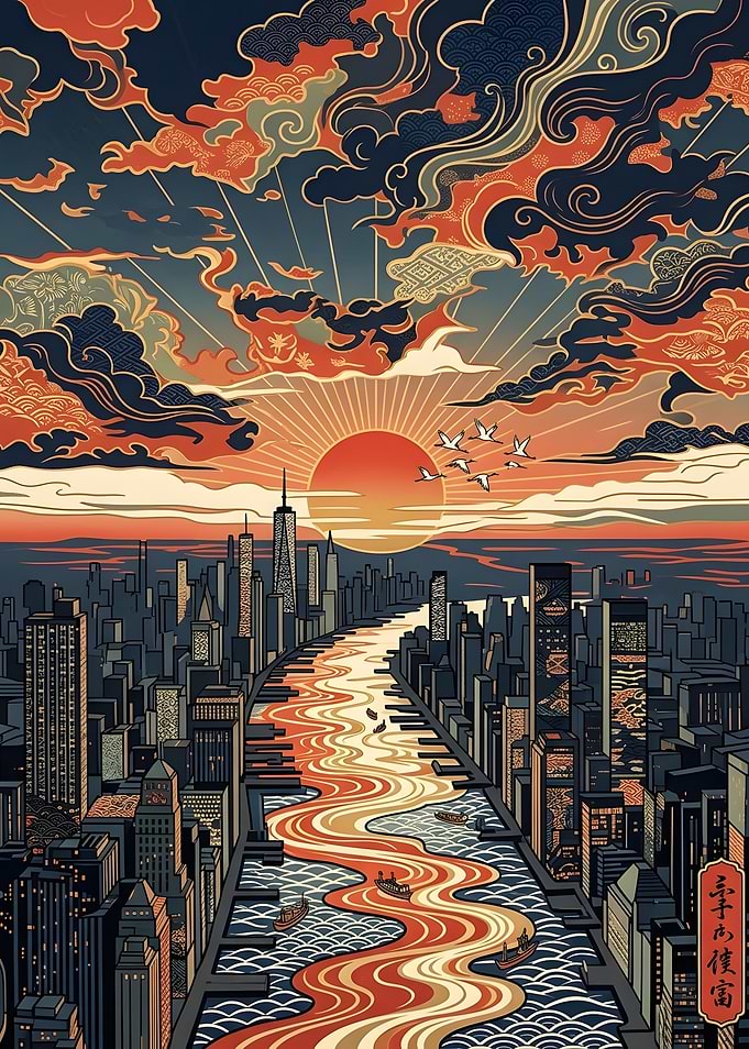 Ukiyo-e Style Sunset Cityscape
