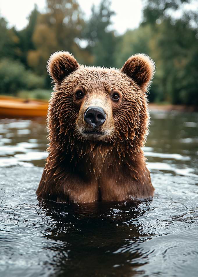 Brown Bear Swimming in River