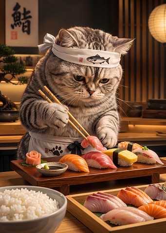 Cute Cat Sushi Chef Preparing Nigiri