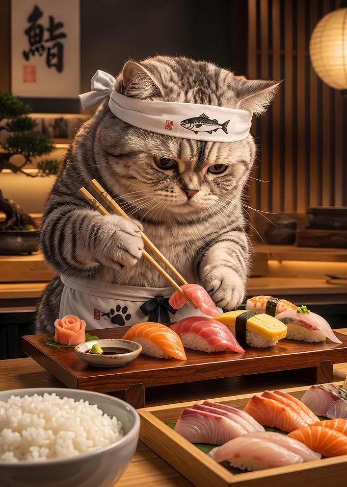 Cute Cat Sushi Chef Preparing Nigiri