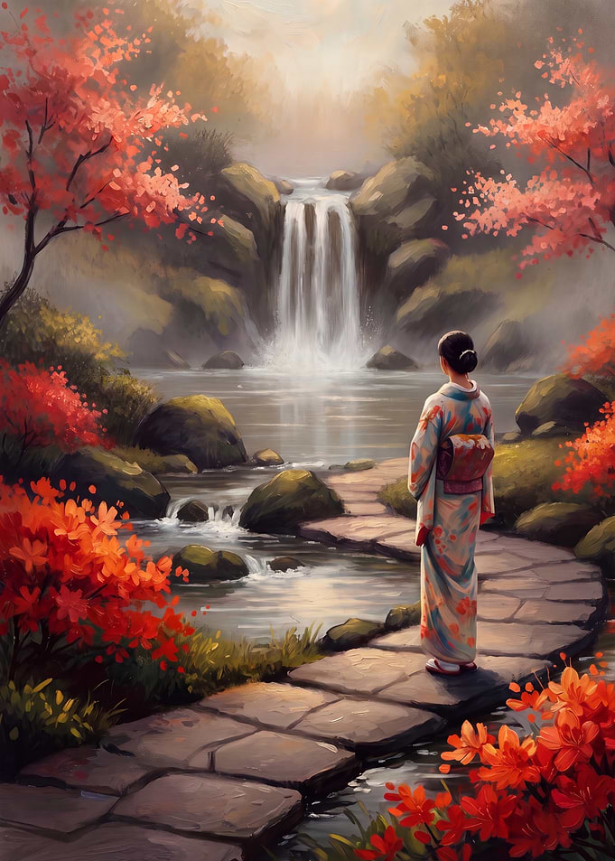 Woman in Kimono by Waterfall
